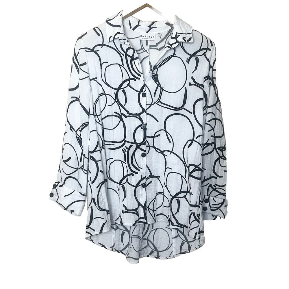 Habitat Abstract Circle Print Tunic Top Sz Small White Black Lagenlook Artsy